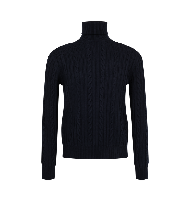 Image 1 of 1 - NAVY - Moncler Men's Turtleneck Cable-Knit Sweater is crafted from extrafine virgin wool and features an allover cable-knit construction, a crew neckline, and a regular-fit silhouette. Designed for versatile everyday wear, it is finished with a double leather logo patch that adds a signature brand detail. Main Material: 100% Virgin Wool.  