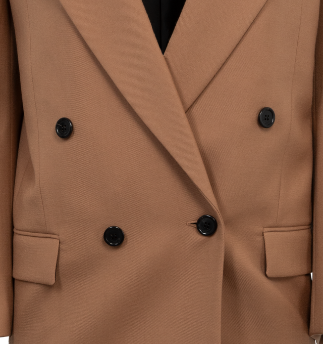 Image 3 of 3 - BROWN - SAINT LAURENT Wool Jacket featuring double breasted style, four button jacket, peaked lapel, oversized cut, padded shoulders and two inner welt pockets. 100% wool. 