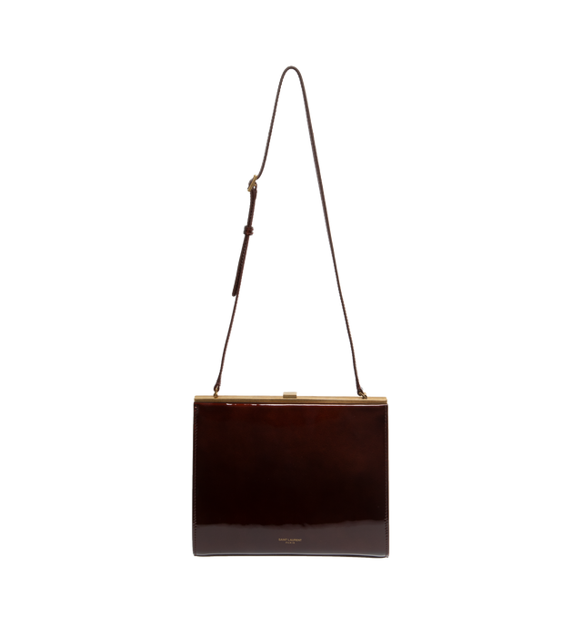 BROWN - SAINT LAURENT Small Le Anne-Marie Shoulder Bag with patent leather exterior, smooth leather lining, top clasp closure, one main compartment with single interior flat pocket,  adjustable top shoulder strap and gold-tone hardware.Made in Italy. Measures 8.25" W x 6.5" H x 1.5" D with with a 13.5" drop shoulder strap. 