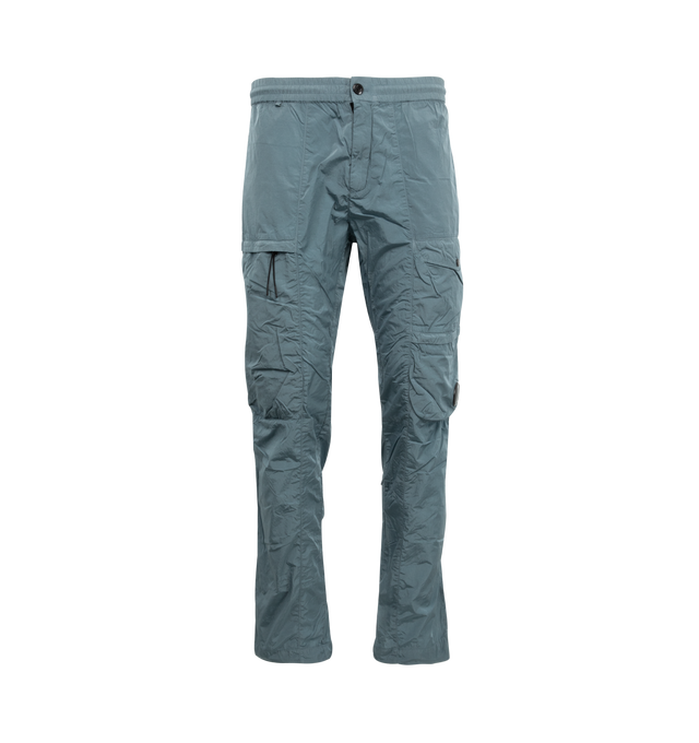 Image 1 of 4 - BLUE - C.P. COMPANY Chrome-R Cargo Lens Pants featuring adjustable drawstring waistband, button and zip fastening, side pockets, cargo flap snap and zip pockets, lens detail, back open pocket with applied logo label, adjustable drawstring hems, garment dyed and regular fit. 100% polyamide/nylon. 