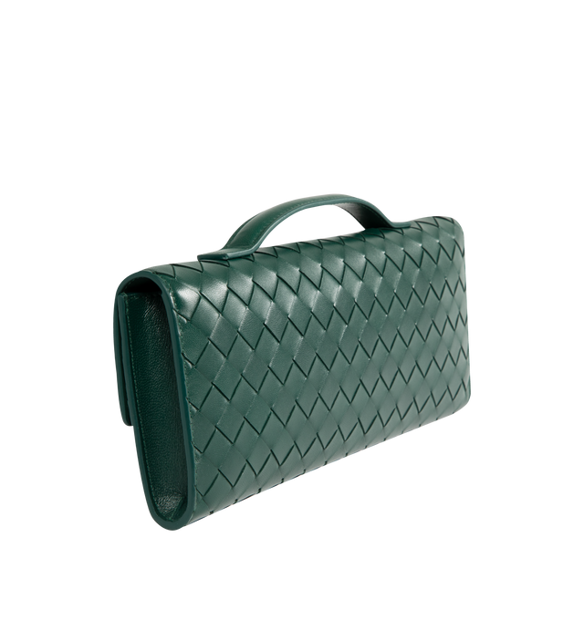 Image 2 of 3 - GREEN - BOTTEGA VENETA Andiamo Clutch featuring top handle, intrecciato leather with signature metallic knot closure, six card slots and one additional pocket. 5.1" x 12.2" x 1.2. Lambskin, calfskin. Made in Italy. 