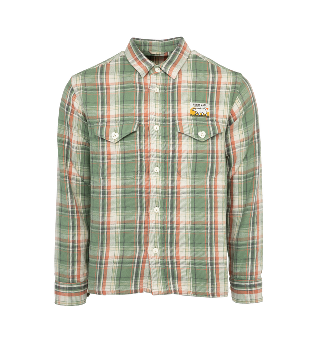 Image 1 of 4 - GREEN - HUMAN MADE Check shirt featuring polar bear motif on the back, polar bear name tag attached to the front and heart-shaped buttons.  
