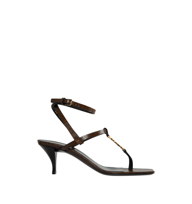Image 1 of 4 - BROWN - SAINT LAURENT Cassandra Sandal featuring multi strap, square toe, cassandre on front and adjustable ankle strap. 60MM. Leather.  