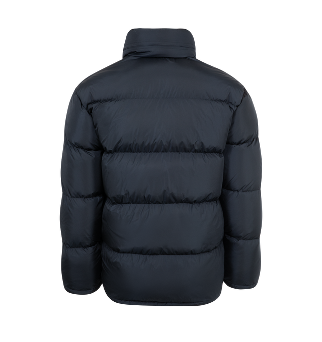 Image 4 of 5 - NAVY - ASPESI Moschino II Jacket featuring down-filled quilted nylon taffeta jacket, stowaway hood at stand collar, zip closure with press-stud placket, flap pockets, textile logo flag at hem, inset rib knit cuffs, elasticized snowskirt at interior, full satin lining and logo-engraved gunmetal-tone hardware. 80% down, 20% feathers. 