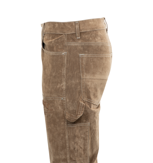 Image 3 of 4 - BROWN - AMIRI Flocked Carpenter Pant featuring button fly, hammer loop detail at side, tonal stitched logo detail at leg and velour fabric with contrast stitching. 67% cotton, 21% polyester, 6% polyurethane, 4% nylon, 2% elastane. Made in USA. 