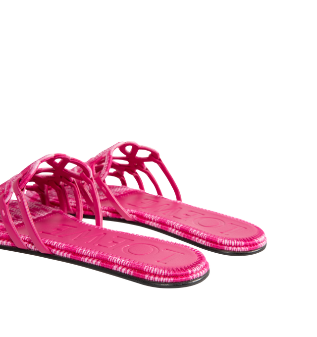 Image 3 of 4 -  PINK - LOEWE PAULA'S IBIZA Petal Anagram slide in all-over embroidered cotton canvas blending mixed shades of color threads, featuring a cut-out Anagram upper with hand-stitched seams, petal toe shape, 5mm heel, embossed LOEWE on the insole, padded insole with partial leather covering and rubber-injected island on the outsole. Embroidered canvas. Made in Italy. 