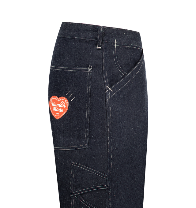 Image 3 of 3 - BLUE - HUMAN MADE Denim Work Pants Rigid featuring button fly closure, rear label patch, contrast stitched detailing and hand pockets. 100% cotton. 