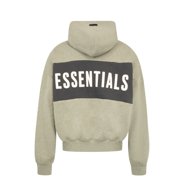 Image 2 of 3 - GREY - Fear of God Essentials Mens Cropped Relaxed Paneled Hoodie is crafted from heavyweight 380 GSM cotton-blend core fleece. Features a relaxed cropped fit, paneled construction, hood, side pockets, ribbed cuffs and hem, puff-printed Fear of God graphic at the front, puff-printed Essentials graphic at the back, and an Essentials signature label on the hood. Main Material: 80% Cotton, 20% Polyester. 