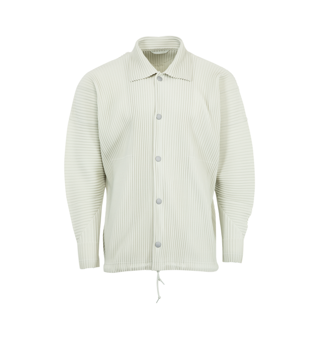 Image 1 of 2 - GREY - ISSEY MIYAKE MC March Shirt featuring iconic pleated material, spread collar, front button closure, dropped shoulder seams and drawstring hem. 100% polyester. Made in Japan. 