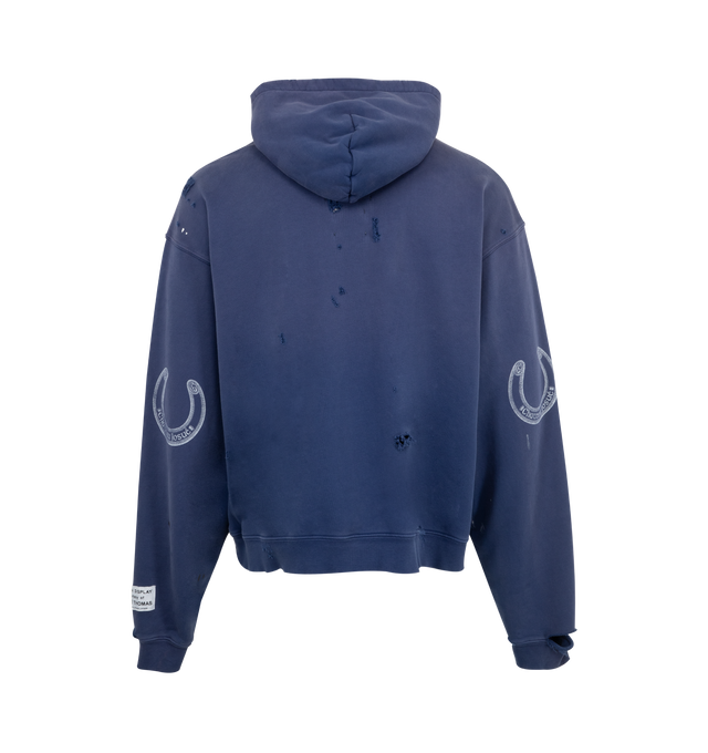 Image 2 of 3 - BLUE - GALLERY DEPT. Chateau Ranch Hoodie featuring front pocket, fixed hood, logo on front, graphic on elbows and distressing and paint throughout. 100% cotton. Made in USA. 