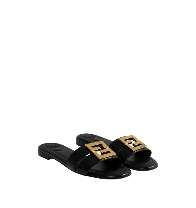 Image 2 of 4 - BLACK - FENDI FFold Slide featuring square toes, two wrap-around bands and a metallic FF motif. 5MM. 100% calf leather. Interior: 100% lamb leather. Made in Italy. 