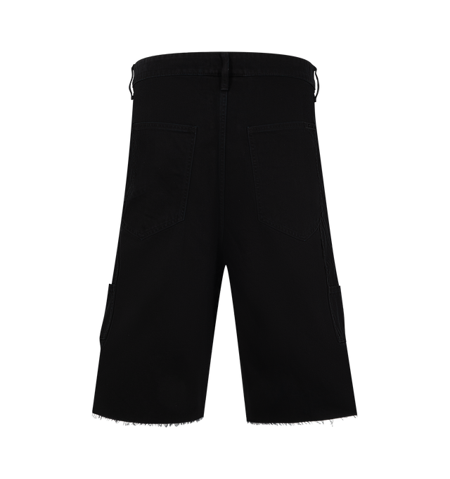 Image 2 of 3 - BLACK - The Fear Of God Essentials Men's Raw Cut 5-Pocket Short is made in 100% cotton 13oz denim in an overdyed wash. The classic, knee length is detailed with antique brass hardware, and Essentials signature label at the back pocket.  