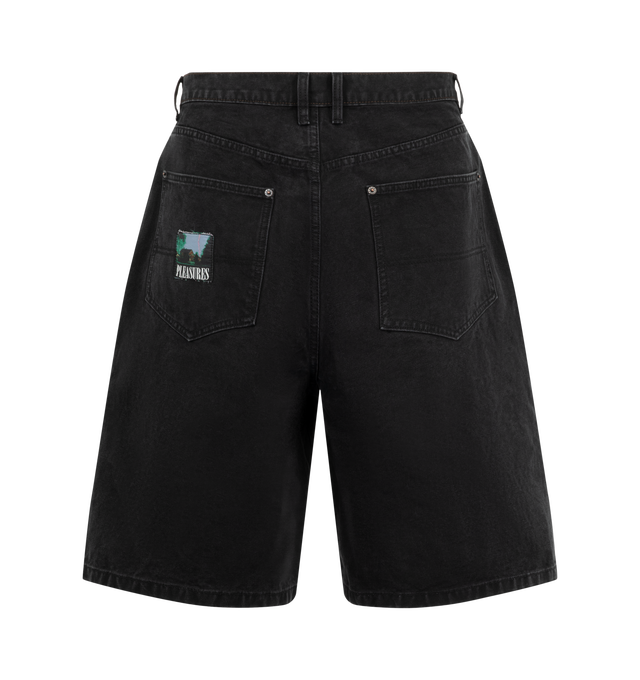 Image 2 of 3 - BLACK - Pleasures Men's Ultra Work Shorts are crafted from durable cotton canvas and feature a relaxed, baggy workwear-inspired silhouette. Designed with a zip fly, metal shank button closure, and reinforced metal rivets, the shorts are finished with contrast stitching at the front pockets and a woven logo patch at the back pocket. Main Material: 100% Cotton Canvas. 