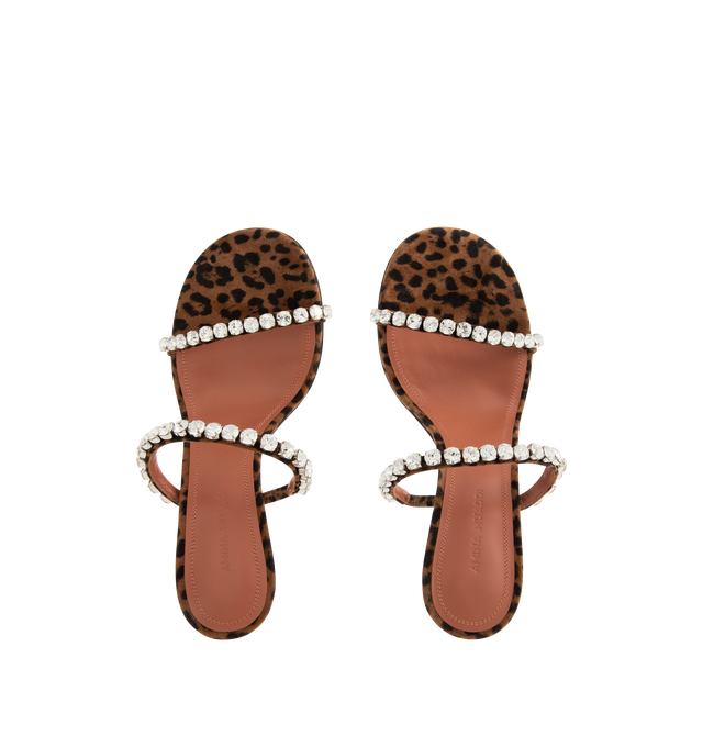 Image 4 of 4 - BROWN - AMINA MUADDI Gigi Slipper 95 Leopard Printed featuring 95mm mini CL heel, crystal strap and rounded toe. Upper: 100% calf leather. Lining: 100% goatskin. Sole: 90% calf leather, 10% TPU. Made in Italy. 