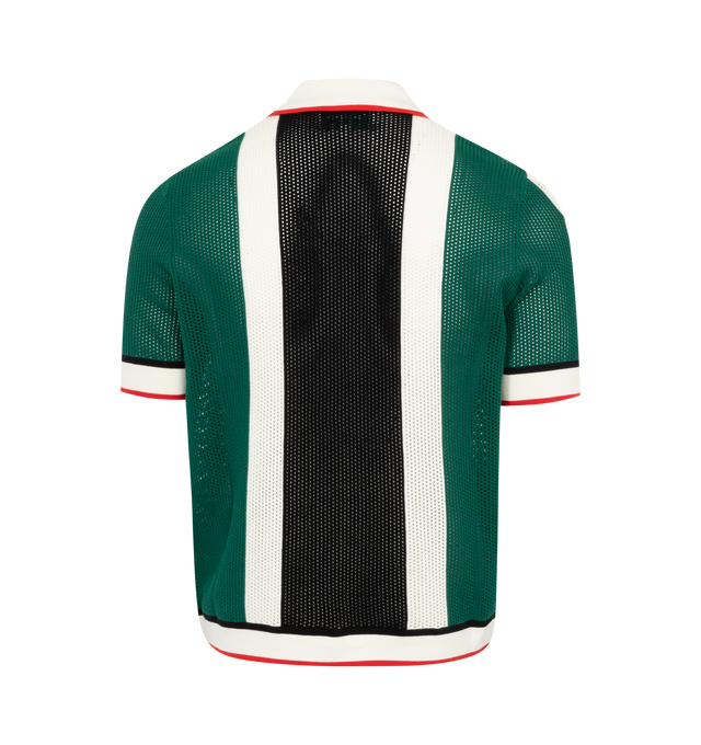 Image 2 of 2 - GREEN - CASABLANCA Striped Shirt featuring cotton mesh, stripes throughout, rib knit open spread collar, hem, and cuffs, button closure. embroidered logo patch at chest and mother-of-pearl hardware. 100% cotton. Trim: 95% rayon, 5% polyester. Made in China. 