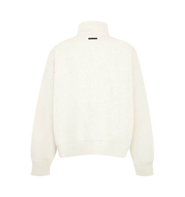 Image 2 of 2 - CREAM - Fear of God ESSENTIALS Men's Signature Classic Half-Zip Sweatshirt is crafted from heavyweight 380 GSM core fleece and features a relaxed-fit silhouette with a high neckline and half-zip front closure. Designed with an embroidered ESSENTIALS signature logo at the front, this elevated everyday layer is finished with rib-knit cuffs and hem, while a signature ESSENTIALS label at the back collar completes the design. Main Material: 80% Cotton, 20% Polyester, 380 GSM Core Fleece. Imported. 