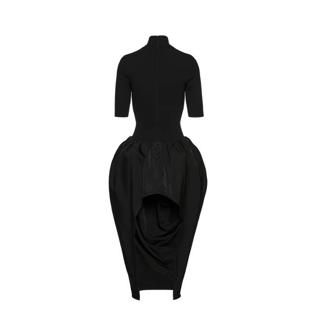 Image 2 of 2 - BLACK - MAGDA BUTRYM Puff Skirt Midi Dress featuring a form-fitting midi dress that combines a structured silhouette with dramatic volume, a sleek turtleneck, fitted 3/4 sleeves, contrasted by a voluminous skirt with a high slit at the back and bodysuit base that fastens underneath the skirt. 92% cupro, 8% elastane. 51% cotton, 49% silk. 