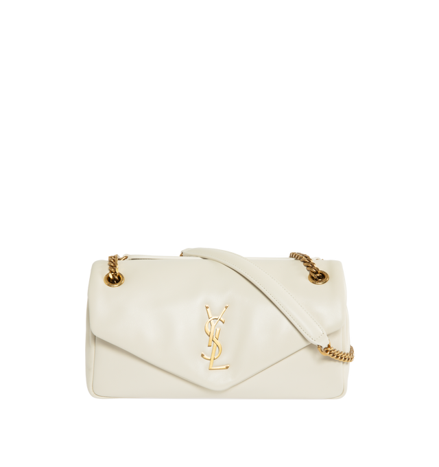 WHITE - SAINT LAURENT Calypso padded shoulder bag featuring snap button closure and one zip pocket. Chain drop 9.4". Dimensions: 2.8 x 5.5 x 10.6 inches. 100% leather. Made in Italy. 