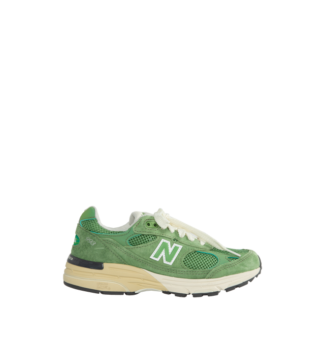 Image 1 of 5 - GREEN - New Balance Made in USA 993 Sneaker 993 in a streamlined design with fine-tuned the ABZORB midsole cushioning, mesh upper, overlaid with premium nubuck, outfitted in a striking 'chive' green, atop a dual color white and off-white midsole with reflective accents.  ABZORB midsole absorbs impact through a combination of cushioning and compression resistance.  ACTEVA cushioning delivers versatile, flexible support?. Full-length rubber outsole with Ndurance rubber heel for added durability 