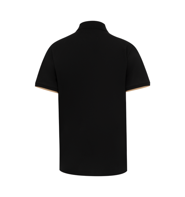 Image 2 of 2 - BLACK - MONCLER Polo shirt has a spread collar, snap button placket, embroidered logo at chest and contrast stripe trim. 100% cotton.  