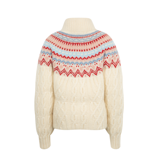 Image 2 of 3 - WHITE - Moncler Grenoble Fair Isle Cardigan has a stand collar, double zipper front closure, ribbed trims, and a Fair Isle design. 65% wool, 21% mohair, 14% polyamide. Made in Turkey.has a stand collar, double zipper front closure, ribbed trims, and a Fair Isle design. 65% wool, 21% mohair, 14% polyamide. Made in Turkey. 