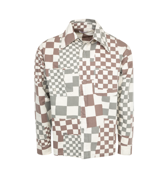 Image 1 of 2 - MULTI - ERL Check Jacket featuring check pattern printed, distressing throughout, spread collar, concealed press-stud closure, patch pockets, logo embroidered at front, dropped shoulders and press-stud fastening at cuffs. 100% cotton. Made in Portugal.