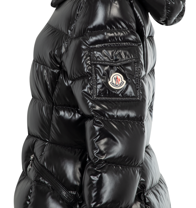 Image 3 of 3 - BLACK - MONCLER Barante Hooded Short Down Jacket featuring nylon laqu lining, down-filled, adjustable hood, zipper and snap button closure, welt pockets and adjustable cuffs. 100% polyamide/nylon. Padding: 90% down, 10% feather. 