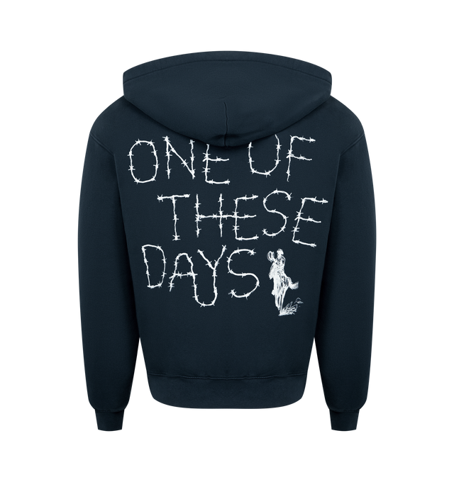 Image 2 of 2 - NAVY - ONE OF THESE DAYS Barbed Zip Up Hoodie featuring front zip closure, split kangaroo pocket, front and back graphic and fleece lining. 100% cotton. 
