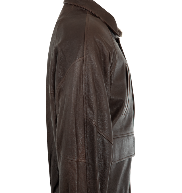 Image 3 of 3 - BROWN - ENFANTS RICHES DEPRIMES Prince Phillip's Childhood Leather Jacket featuring zip front leather bomber in lambskin, viscose twill lining, snap closure storm flap, paneled raglan sleeve construction, hand warming pockets at chest, flap pockets at waist with side entry, snap closure cuffs at wrist and elastic waistband. Made in Italy.  