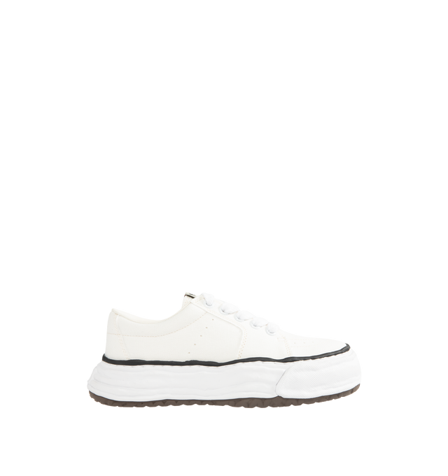 Image 1 of 5 - WHITE - Maison Mihara Yasuhiro Men's Eric Sneakers feature the brand's signature hand-sculpted OG sole, a mixed-material suede and canvas upper, and distinctive toe stitching for a bold contemporary look. Designed for the Spring/Summer 2026 collection, these designer low-top sneakers combine Maison Mihara Yasuhiro's experimental aesthetic with everyday comfort, while the handcrafted-inspired sole and intentional vintage detailing create a truly distinctive silhouette. Main Material: Cow Leath 