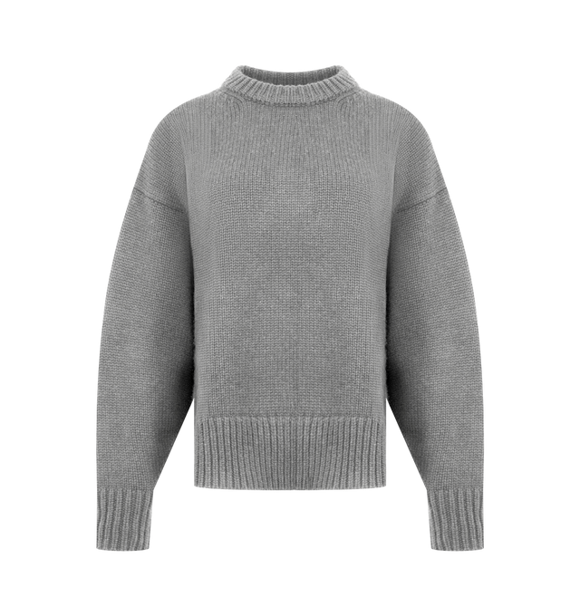 Image 1 of 2 - GREY - The Row women's Oversized crewneck sweater in midweight wool and cashmere with ribbed neckline, cuffs, and hem, bell-shaped sleeves, and signature center back detail. 65% Wool, 35% Cashmere. Made in Italy. 