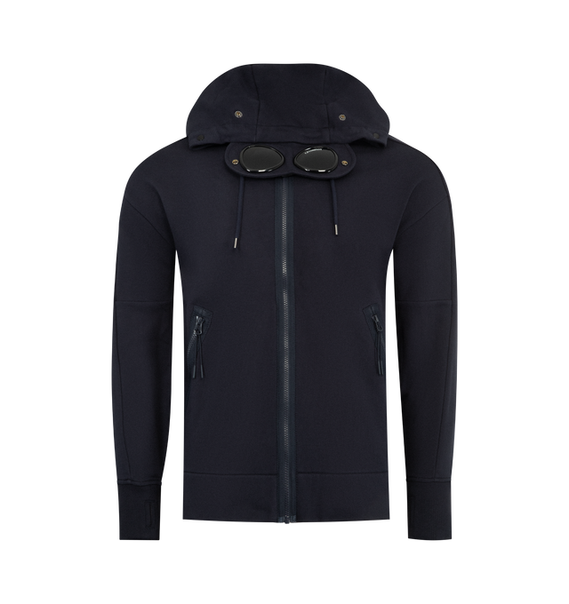 Image 2 of 4 - NAVY - C.P. COMPANY Diagonal Raised Fleece Goggle Sweatshirt featuring adjustable Goggle hood, side zip pockets, ribbed cuffs and hem, thumb hole on cuffs and regular fit. 100% cotton. 