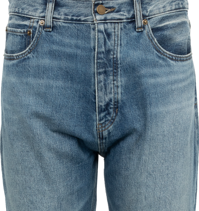 Image 3 of 3 - BLUE - Fear of God Essentials 5 pocket jean made in 100% cotton denim in a light vintage wash in a timeless straight leg fit WITH FRONT ZIP. Antique brass hardware provides a natural vintage appearance. An Essentials label is stitched on the back pocket. 