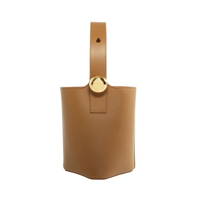 BROWN - LOEWE Mini Pebble Bucket Bag featuring magnetic closure, internal pocket, bonded suede lining, anagram engraved Pebble, crossbody, shoulder or hand carry and adjustable and removable strap. 7.7 x 6.3 x 6.3 inches. Mellow Calf. Made in Spain. 