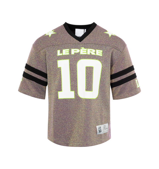 Image 1 of 2 - GREY - Le Pere  oversized, boxy football jersey inspired by vintage football pieces in the style and silhouette of late 70s and 80s NFL jerseys juxtaposed with a glittery and sparkly fabric.  Features a vintage sports patch as well as the le PRE logo, number 10, stars on the shoulders, and the name 'JOY BOY' across the back. Lined with premium Italian mesh. Made in Portugal using Italian jersey. 48% NYLON, 45% POLYESTER, 7% ELASTANE. 