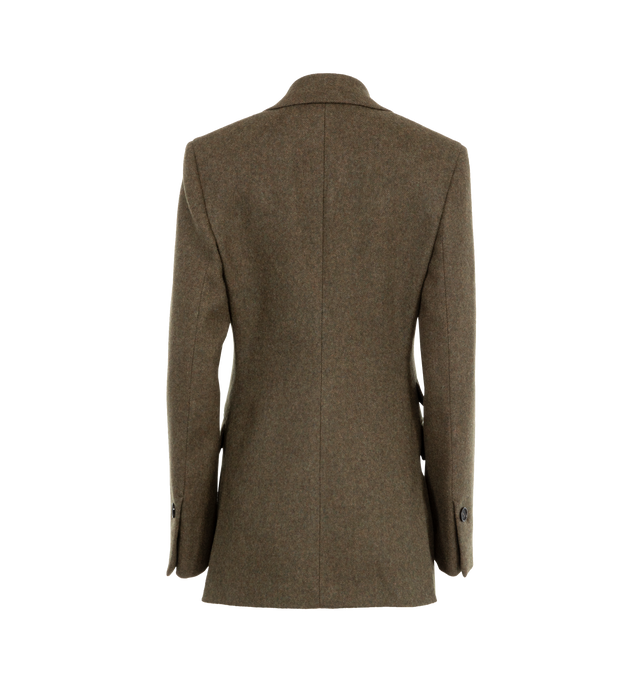 Image 2 of 3 - GREEN - Ferragamo Single-Breasted Blazer featuring knitted construction, peak lapels, pressed crease, plunging V-neck, front button fastening, long sleeves, buttoned cuffs, straight hem and slim cut. 100% virgin wool. 