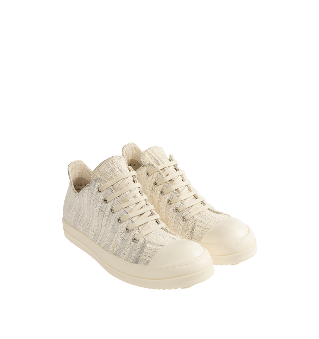 Image 2 of 5 - WHITE - Rick Owens DRKSHDW Denim Low Sneaks Sneakers featuring low-top, faux-leather cap toe, lace-up closure, grommets at inner side and treaded rubber sole. Upper: textile. Sole: rubber. Made in Italy. 