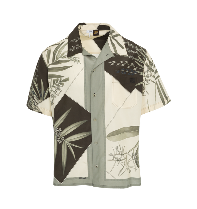Image 1 of 3 - GREEN - LOEWE PAULA'S IBIZA Short Sleeve Shirt featuring relaxed fit, regular length, placed tropical flower print with trompe loeil scarf details, camp collar, short sleeves, button front fastening, chest patch pocket, straight hem, split sides and Anagram embroidery placed on the chest pocket. Cotton/silk. Made in Portugal. 