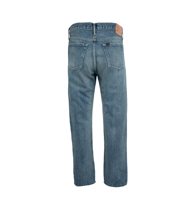 Image 2 of 4 - BLUE - CHIMALA Selvedge Denim Used Ankle Cut featuring ankle cut, front button closure, belt loops, front pockets and back patch pockets. 100% cotton. 