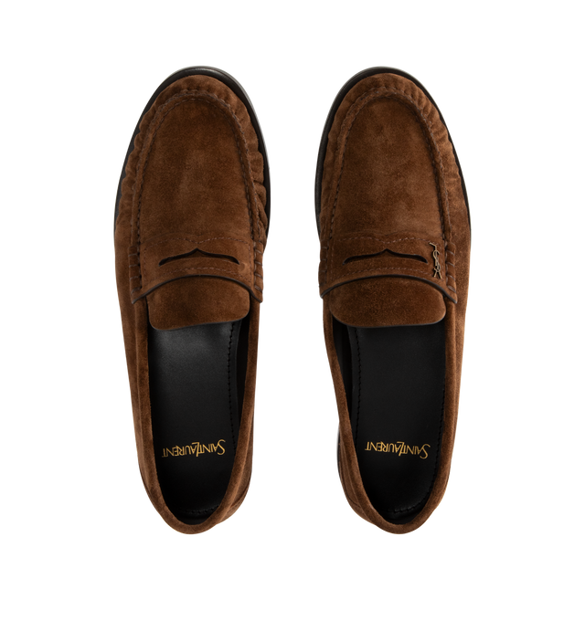 Image 4 of 4 - BROWN - SAINT LAURENT Ryan 05 Penny Loafers in leather featuring stacked heel, round moc toe, penny keeper strap with Cassandre hardware, leather outsole and slip-on style. Made in Italy. 