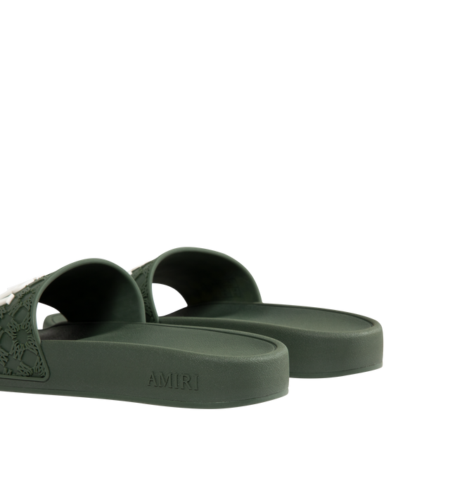 Image 3 of 4 - GREEN - AMIRI MA Quad Pool Slides featuring rubber pool slides, logo pattern embossed throughout, open toe, logo embossed at vamp and outer side, molded rubber footbed and treaded rubber sole. Rubber.  