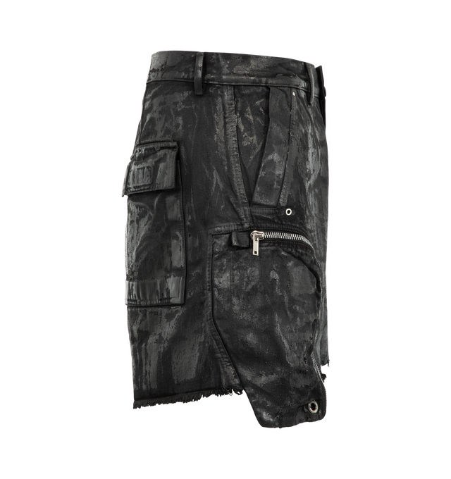 Image 3 of 3 - BLACK - Rick Owens Drkshdw Men's Bauhaus Shorts are crafted from 100% cotton denim and feature a frayed knee-length silhouette with a low dropped crotch, side pockets, signature round Bauhaus zip pockets at the front, and back pockets. Main Material: 100% Cotton Denim 