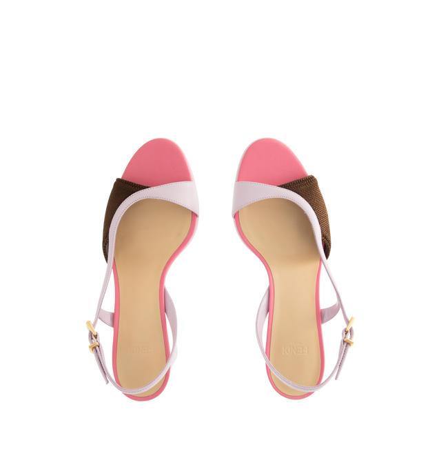 Image 4 of 4 - MULTI - FENDI Arco Sandal featuring asymmetric sandal with wide heel, iconic Arco shape, made of knit and nappa leather, two-tone rubber sole with FF design, rubber heel sole, varnished metal detail on the heel and engraved Fendi logo. 65mm. 75% polyester, 23% polyamide, 2% polyurethane. Made in Italy. 