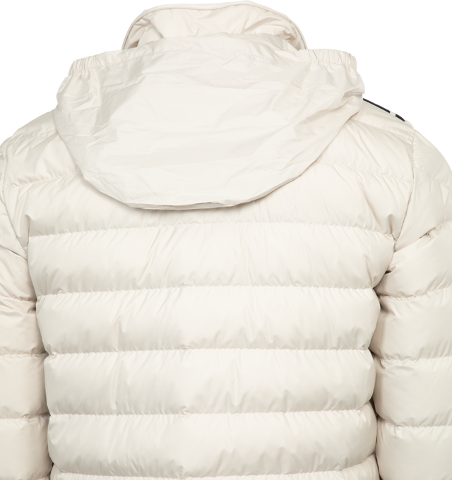 WHITE - MONCLER Barrot Short Jacket featuring lightweight micro chic nylon lining, down-filled, pull-out hood, zipper closure, zipped pockets and knit trim. 100% polyester.  Padding: 90% down, 10% feather.