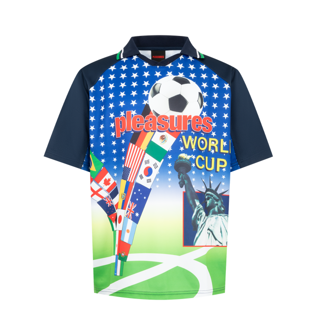 Image 1 of 2 - MULTI - Pleasures Mens World Cup Flags Jersey is crafted from polyester piqu. Features a collared soccer jersey silhouette and all-over digital printed artwork. Main Material: 100% Polyester Piqu. Made in China. 