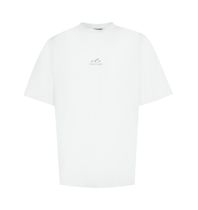 Image 1 of 2 - WHITE - BALENCIAGA Medium Fit T-Shirt featuring dry jersey, crewneck, short sleeves and artwork printed on the front and back. 100% cotton. Made in Portugal. 