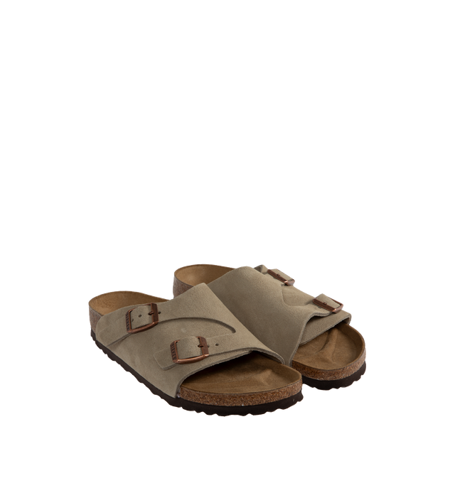 Image 2 of 4 - BROWN - BIRKENSTOCK Zurich Sandal featuring dual straps at vamp with adjustable metal pin buckle, anatomically shaped cork-latex footbed, pronounced arch support, roomy toe box and narrow fit. Suede upper with EVA sole. 