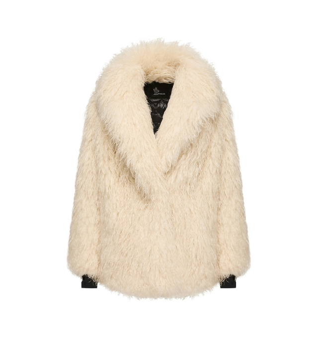 Image 1 of 4 - CREAM - Moncler Grenoble Women's Malencos Padded Short Jacket is crafted from plush faux fur and features a sophisticated peacoat-inspired silhouette with oversized lapels and lightweight padding for warmth. Inspired by the brand's mountaineering heritage, this textured outerwear style blends elevated alpine design with everyday comfort. Finished with a snap-button front closure, side pockets, an interior media pocket with a YKK AquaGuard NATULON water-repellent zipper, and stretch jersey wri 