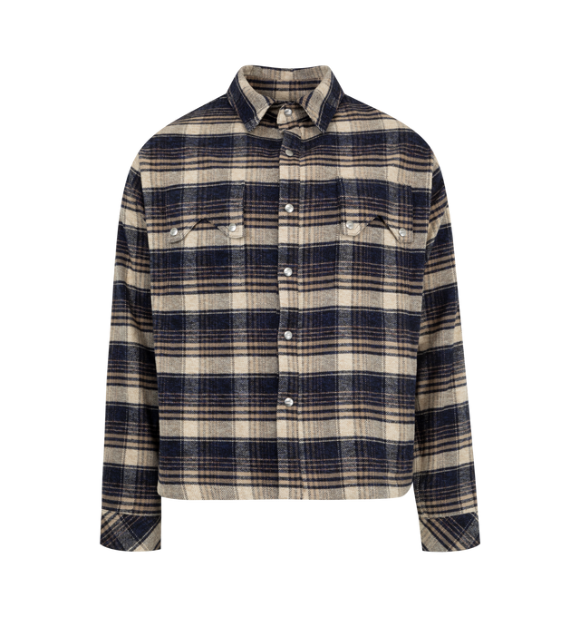 Image 1 of 2 - MULTI - RHUDE Flannel Overshirt featuring long sleeves, camp collar, dual front chest pockets, custom rhude hardware snap styling, and flat hem. 100% cotton. 