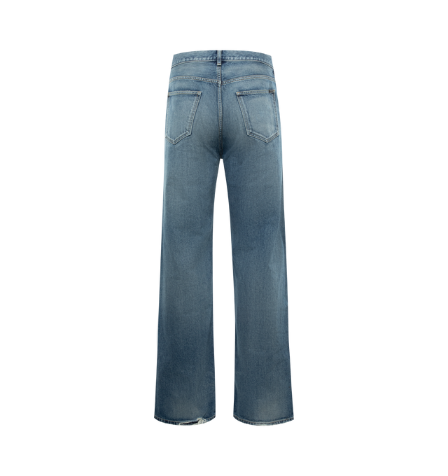 Image 2 of 3 - BLUE - SAINT LAURENT Long Baggy Jeans featuring high waist, long length, wide leg, button fly, five pocket and belt loops. 100% cotton.  